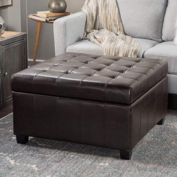 S-HOME Upholstered Tufted PU Leather Storage Ottoman, Dark Brown Color, Compact Size for Modern Home Decor and Organization
