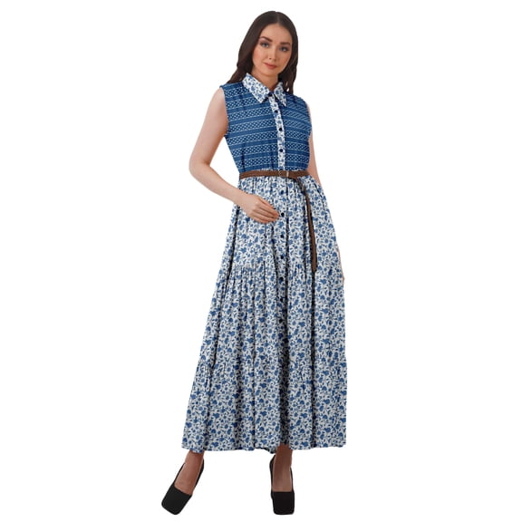 Moomaya Collared Shirt Dresses Women Printed  Rayon Button Maxi Dresses Women