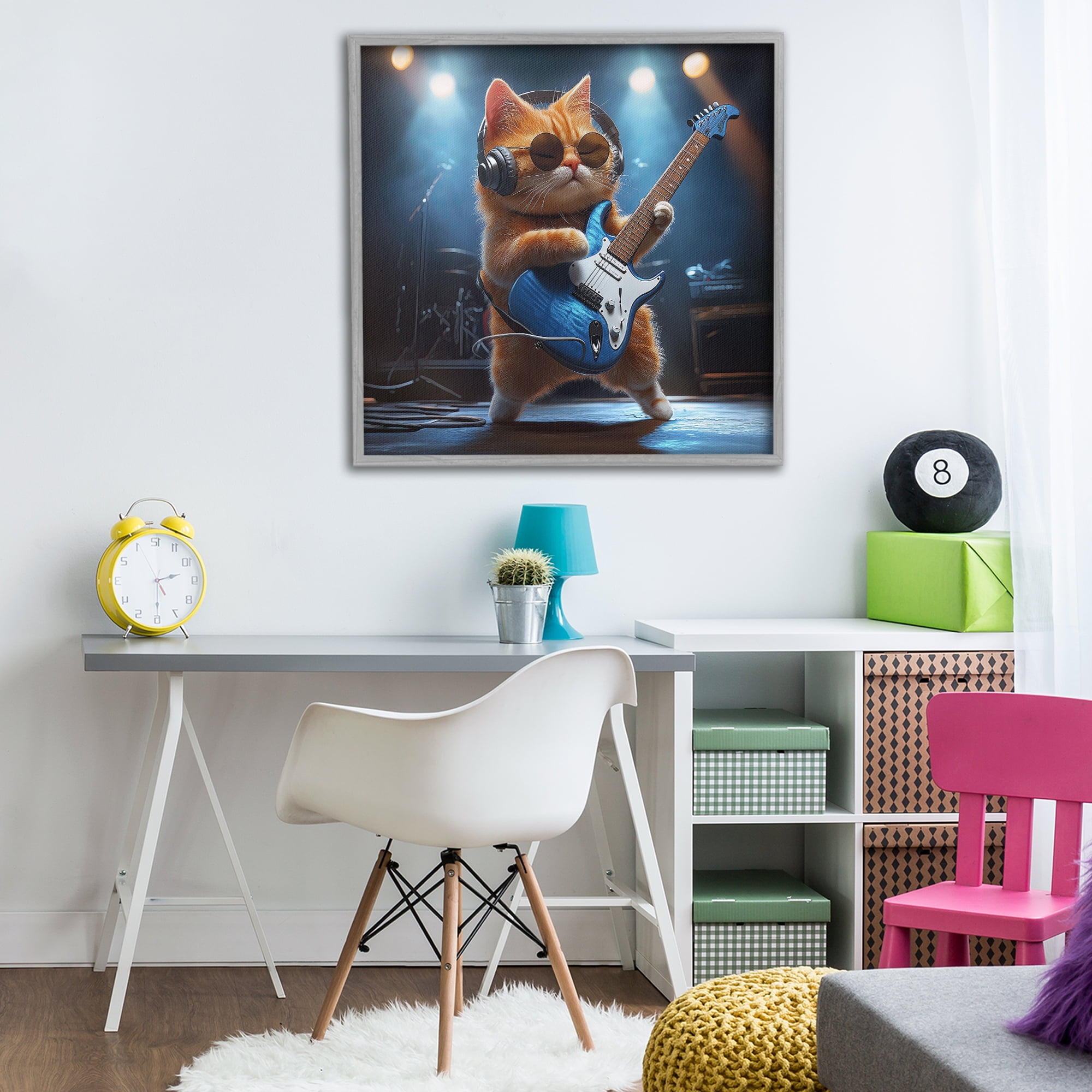 Cat Guitarist in Band Gray Framed Giclee Art, design by Jim Baldwin