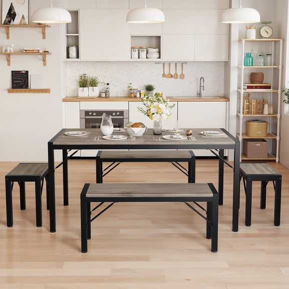 Asofer 63" Dining Table Set for 6, Kitchen Table Set with 2 Benches & 2 Stools, Wood Dinette Sets with Metal Frame, Gray