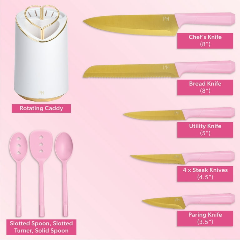 Paris Hilton 12 Piece Kitchen Utensil and Knife Set with Caddy, Pink