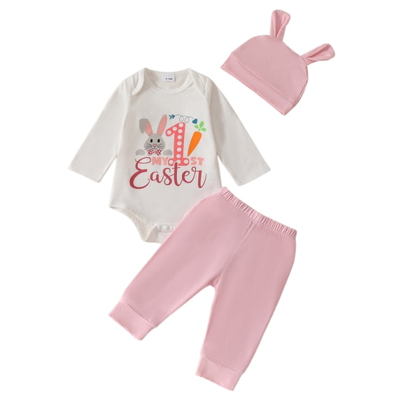YDFCWXW Newborn Baby Boy Girl Easter Day Clothes Set Long Sleeve Rabbit Romper Long Pants Hat My First Easter Outfits (Red, 6-12 Months)