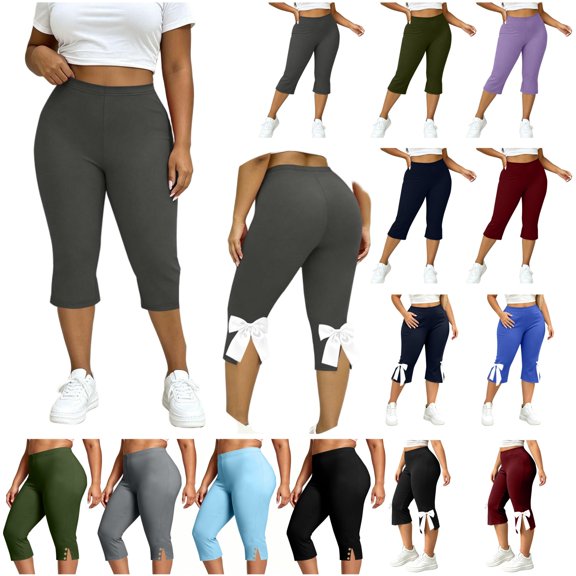 QATAINLAV Womens Capris Leggings Plus Size Stretchy High Waisted Cropped Yoga Pants Cute Side Bowknot Bottom 7/8 Length Leggings Navy XXXL