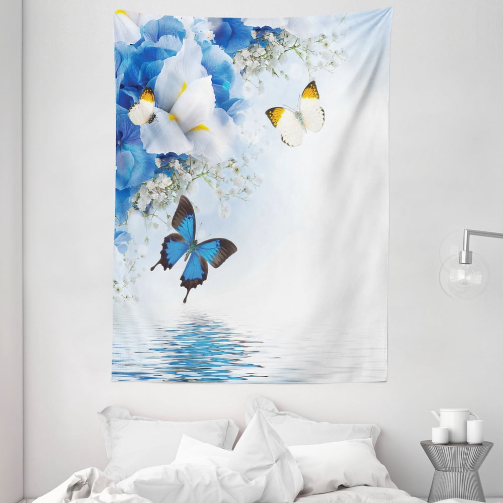 Floral Tapestry, Blue and White Wild Flowers with Monarch