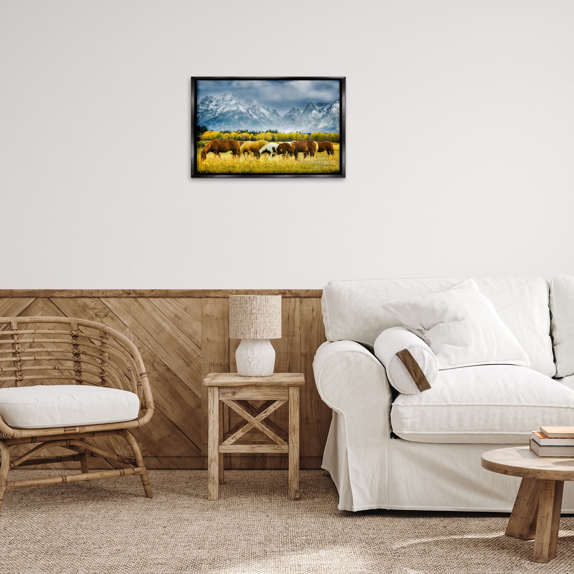 Stupell Industries Horses in Wilderness Landscape Painting Black Floater Framed Art Print Wall Art, 25 x 17