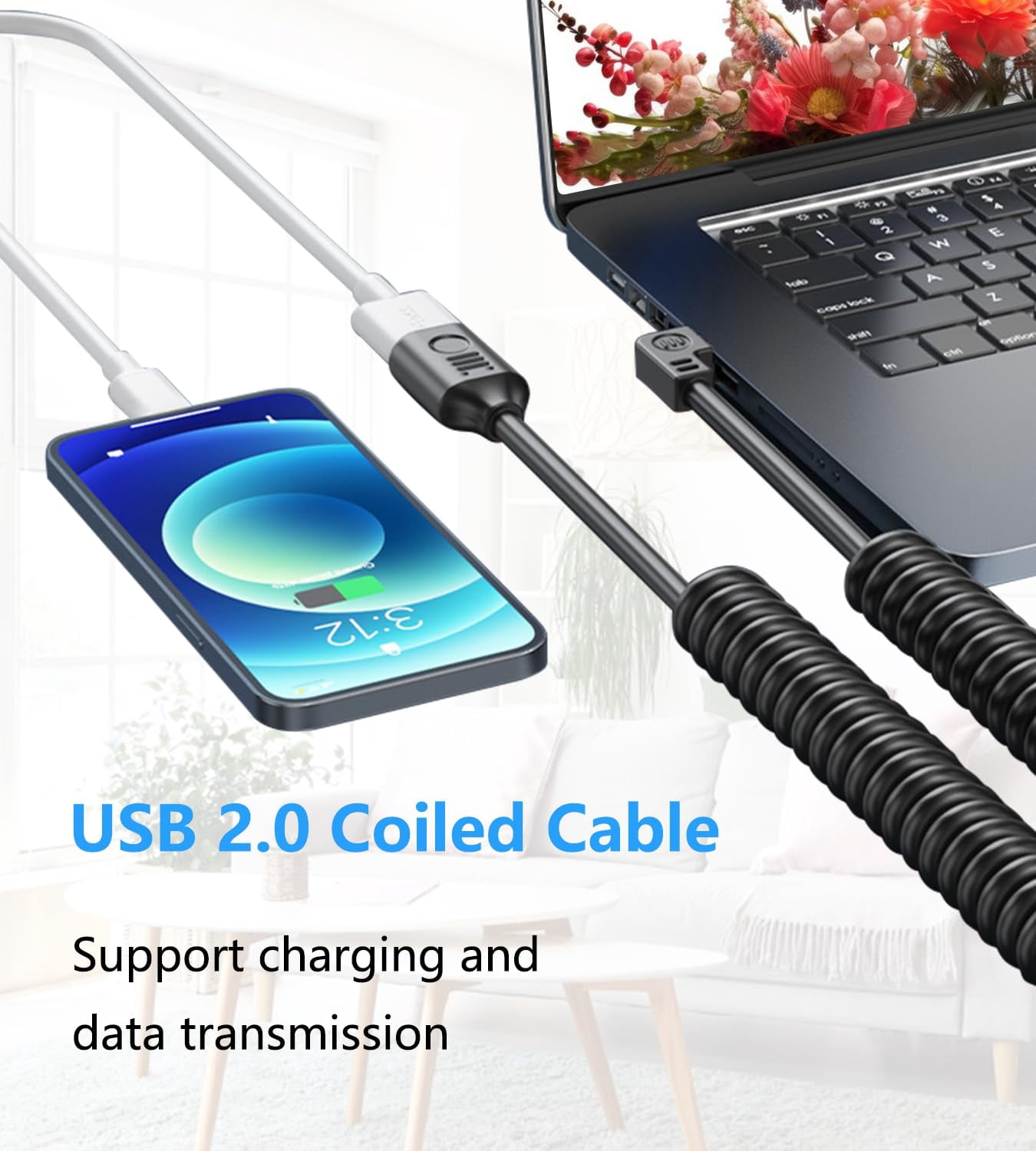 HRTGFD-90 Degree USB 2.0 Male to Female Coiled Cable USB Spring Cable USB 2.0 Extension Cable Retractable USB Data Transmission Cord for PC,Laptop, Cameras, Mouse,Other USB Computers(Up Angle)