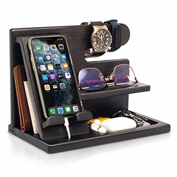 Base de teléfono TESLYAR Ash de madera con soporte para llaves, color negro