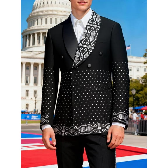 Beauty-Emily Men's 2-Piece Rhinestone Suit Set with Double-Breasted Blazer & Pants – Party Style, Woven Fabric, All-Season Formal Wear