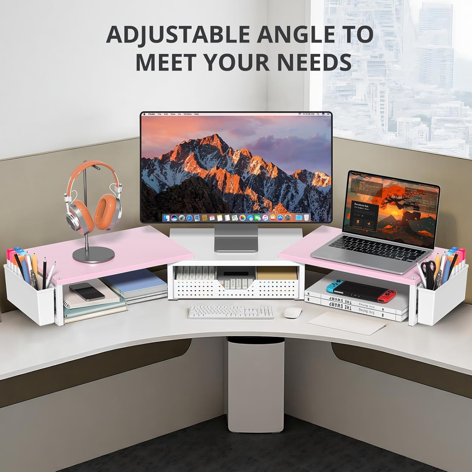 Desk Organizers and Accessories, Dual Monitor Stand Riser with Drawer and 2 Pen Holders, Desk Shelf Wood Computer Racks for Office Workspace Organizers, Desktop Organization (Pink-White Wood)