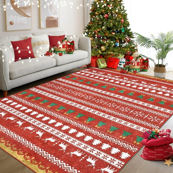 Christmas Bohemian Runner Rug Holiday Doormat Soft Skin-Friendly Machine Washable Bedroom Kitchen Red Area Rug for Living Room、Entrance Door、Bedroom、Laundry Room、Dormitory