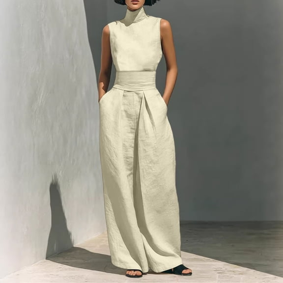 LEKWK Linen Sets for Women 2 Piece High Neck Sleeveless Cinched Tops and High Waisted Wide Leg Pants with Pockets Summer Casual Loose Solid Outfits