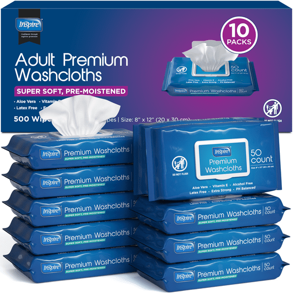 INSPIRE Adult Wet Wipes for Incontinence & Cleansing, 8"x12" (500CT (10 Packs of 50)) XL