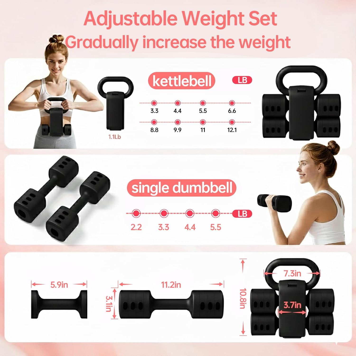 4-in-1 Adjustable Kettlebell and Dumbbell Set, Convertible Free Weights for Home Gym Fitness Training, Space-Saving Hand Weights for Women and Men, Black