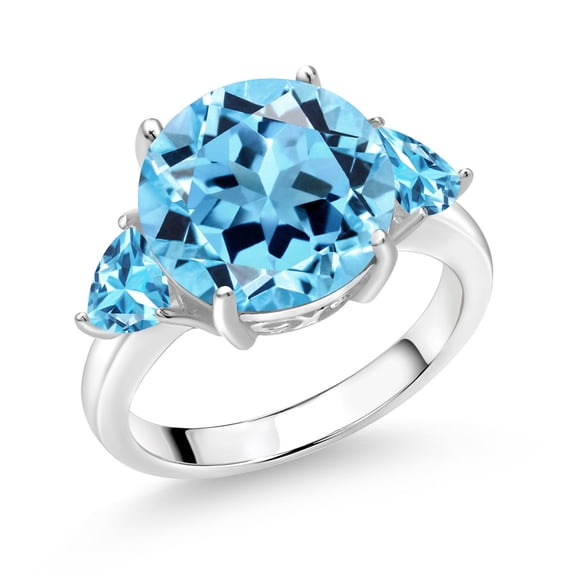 Gem Stone King 925 Sterling Silver Swiss Blue Topaz 3-Stone Ring for Women (8.16 Cttw, Round 12MM, Trillion 5MM, Size 5)