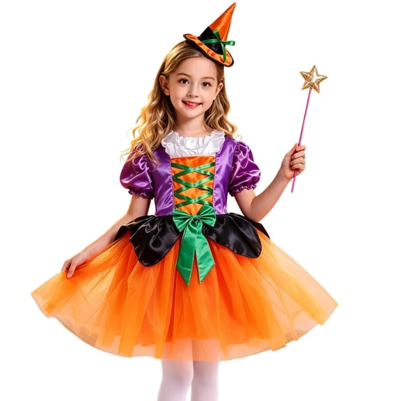 Ruyang 3 Piece Girls Witch Outfit Puff Sleeve Tulle Dress Witch Hat Star Wand Sets Kids Halloween Theme Party Dress Up