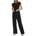 thumbnail image 6 of Two Piece Sets for Women Summer Casual Outfit Sets Solid Color Button Down Round Neck Short Sleeve Tops and Drawstring Wide Leg Pants with Pocket Sets Relaxed Vacation Wear, 6 of 8