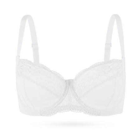 YANDW Plus Size Unlined Balconette Bra Lace Demi Bralettes Underwire Bras for Women  White 36B