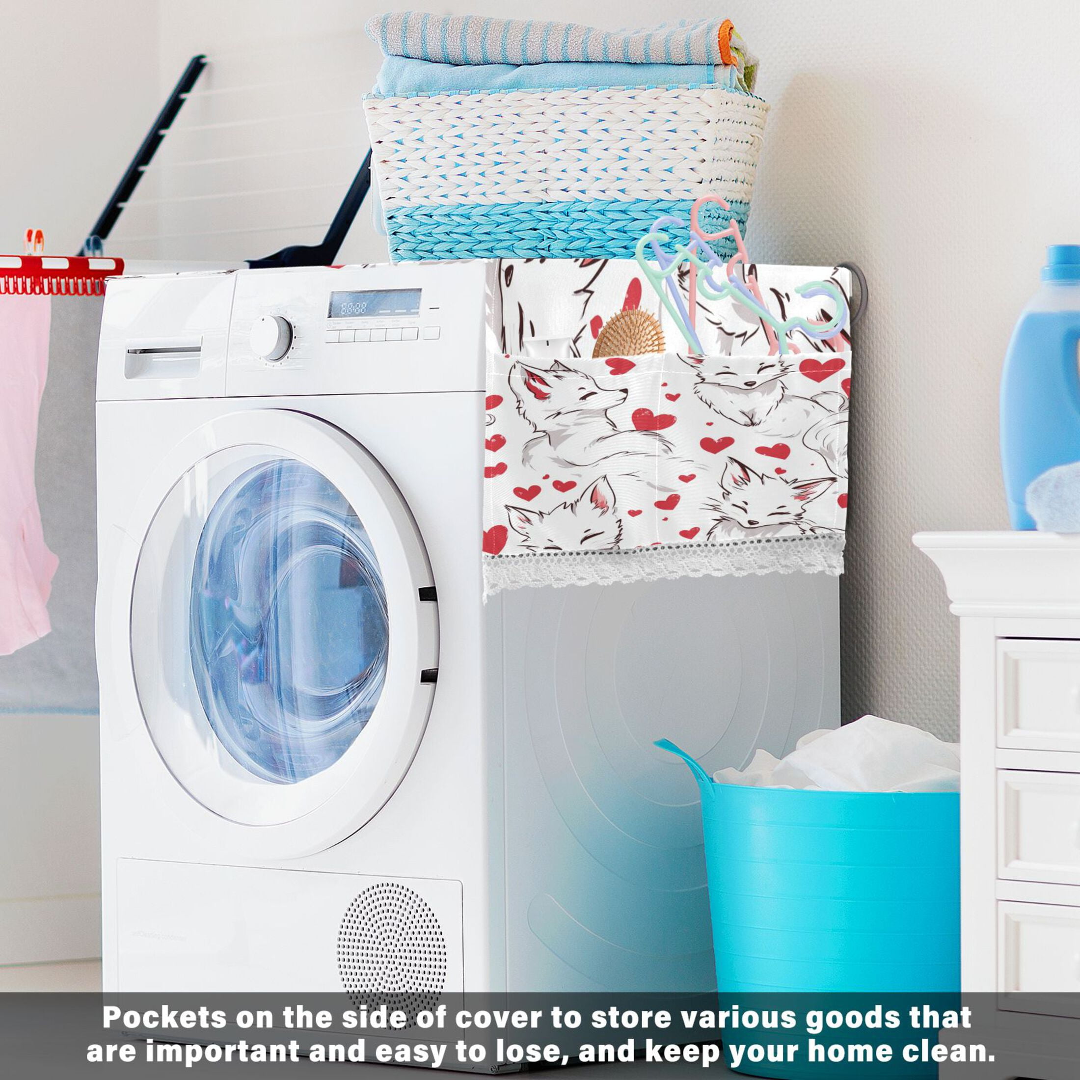 Lovely White FoxWasher and Dryer Covers Dust-Proof and Oil Resistant Fridge Cover with 4 Storage Pockets Washing Machine Top Cover for Laundry Kitchen Home 51.2 x 22 In