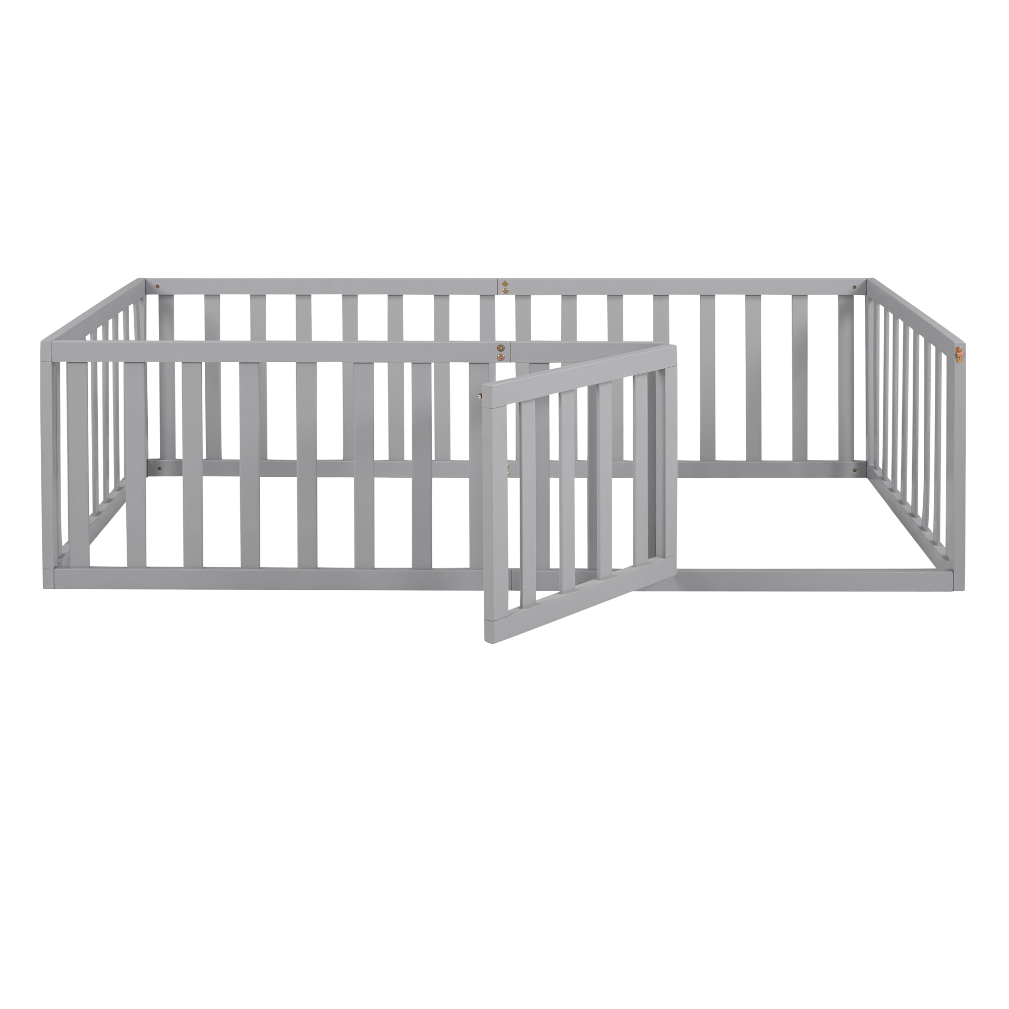 Kumix Twin Floor Bed with Fence and Door, Wood Floor Bed Frame for Teens, Noise-Free Low Floor Bed for Bedroom, Dorm, No Weight Capacity Limit, Easy Assembly, Gray
