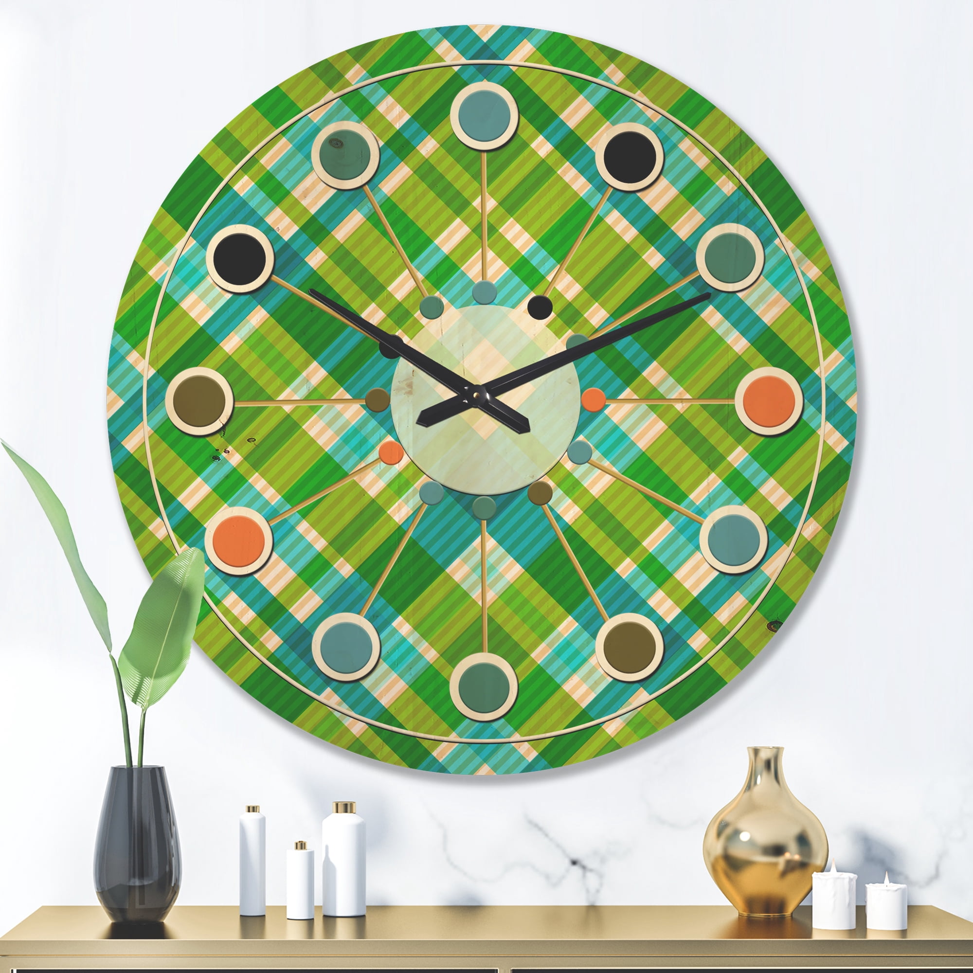 Designart 'Tartan Texture Geometrical Retro II' Mid-Century Modern Wood Wall Clock