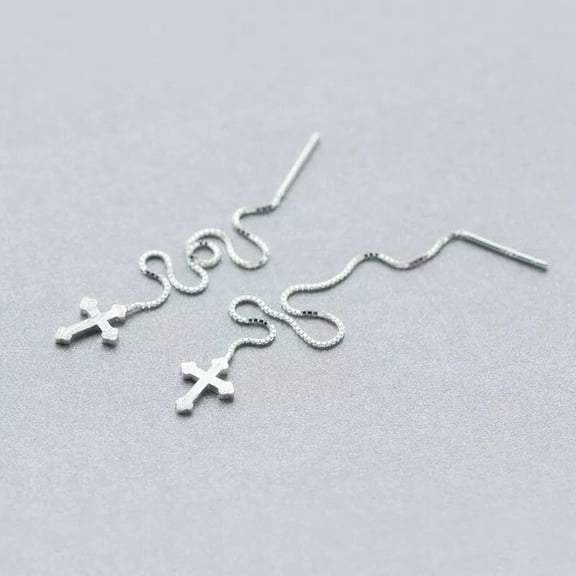 K-KED 925 Silver Cross Pull Through Earrings Faith Crosses Long Line Chain Threader