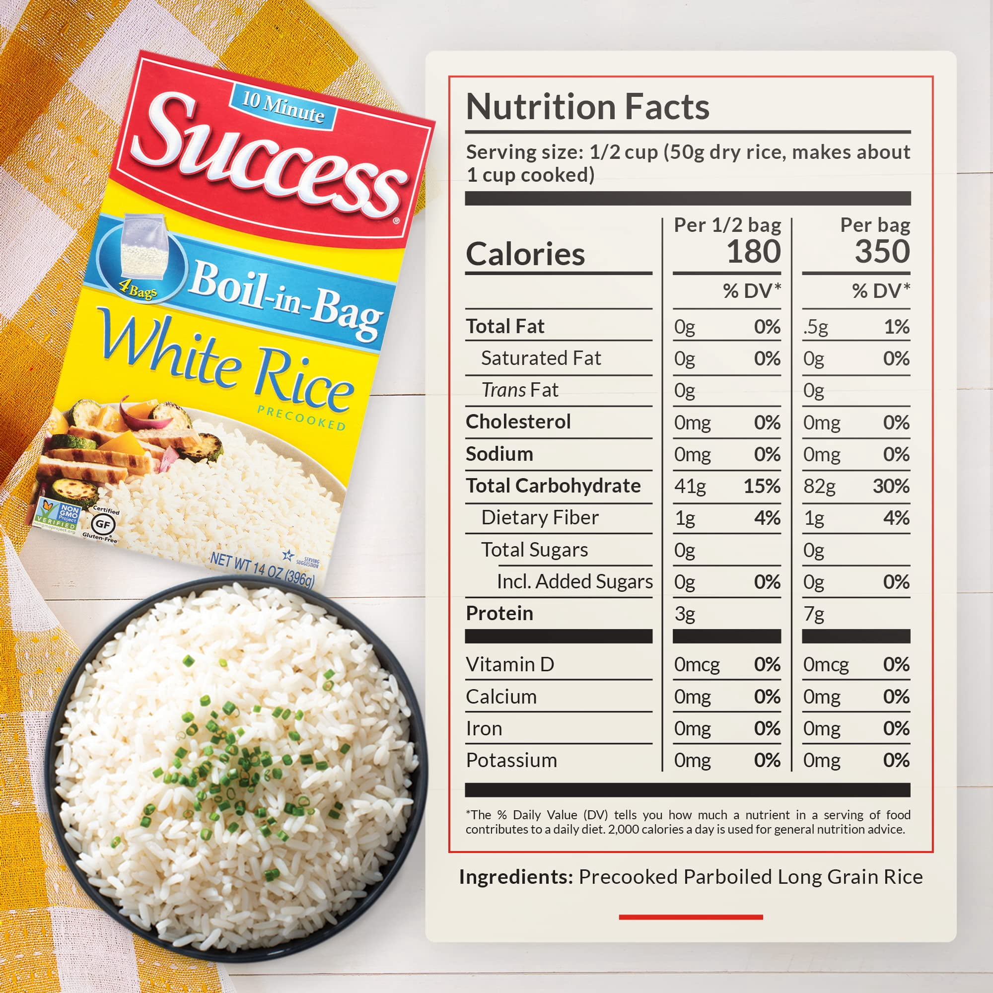Success Rice Boil-in-Bag White Rice Fluffy And Precooked 14 Oz  Pack Of 48 