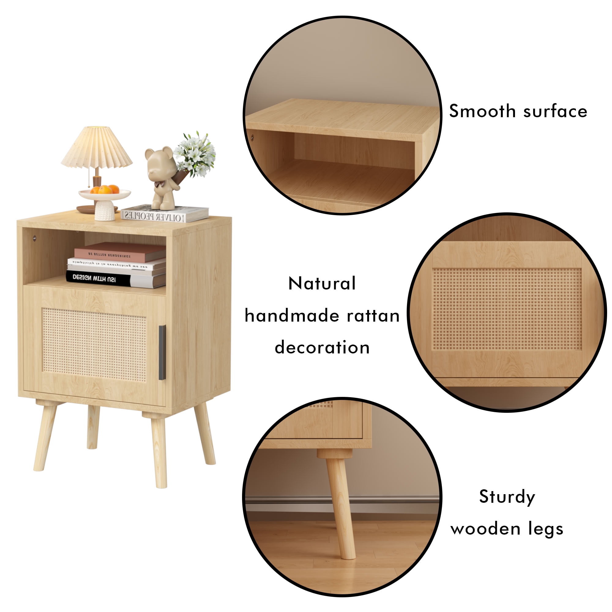 MAYEERTY Boho Rattan Nightstand with Door & Open Shelf, Wood Bedside End Table for Bedroom Dorm Small Apartment Spaces, Oak