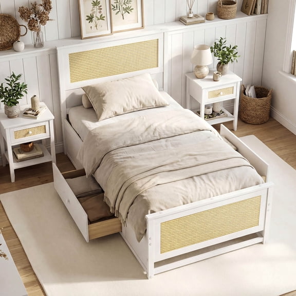 Costway Twin Size Rattan Bed Frame with Headboard, 2 Storage Drawers & Space, White