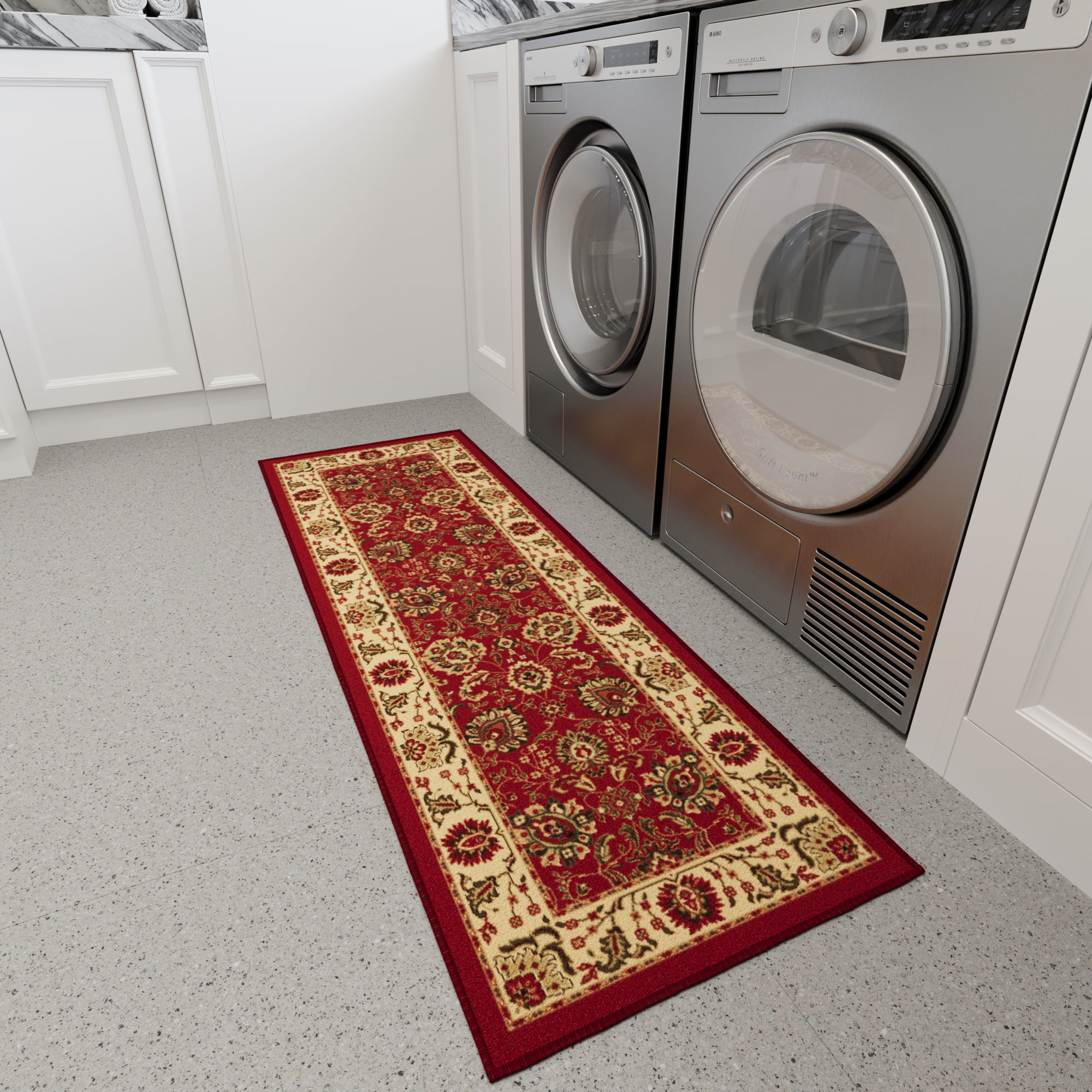 Ottomanson Floral Bathroom Runner Rug 20" x 53" - Non Slip Low Pile Carpet, Red