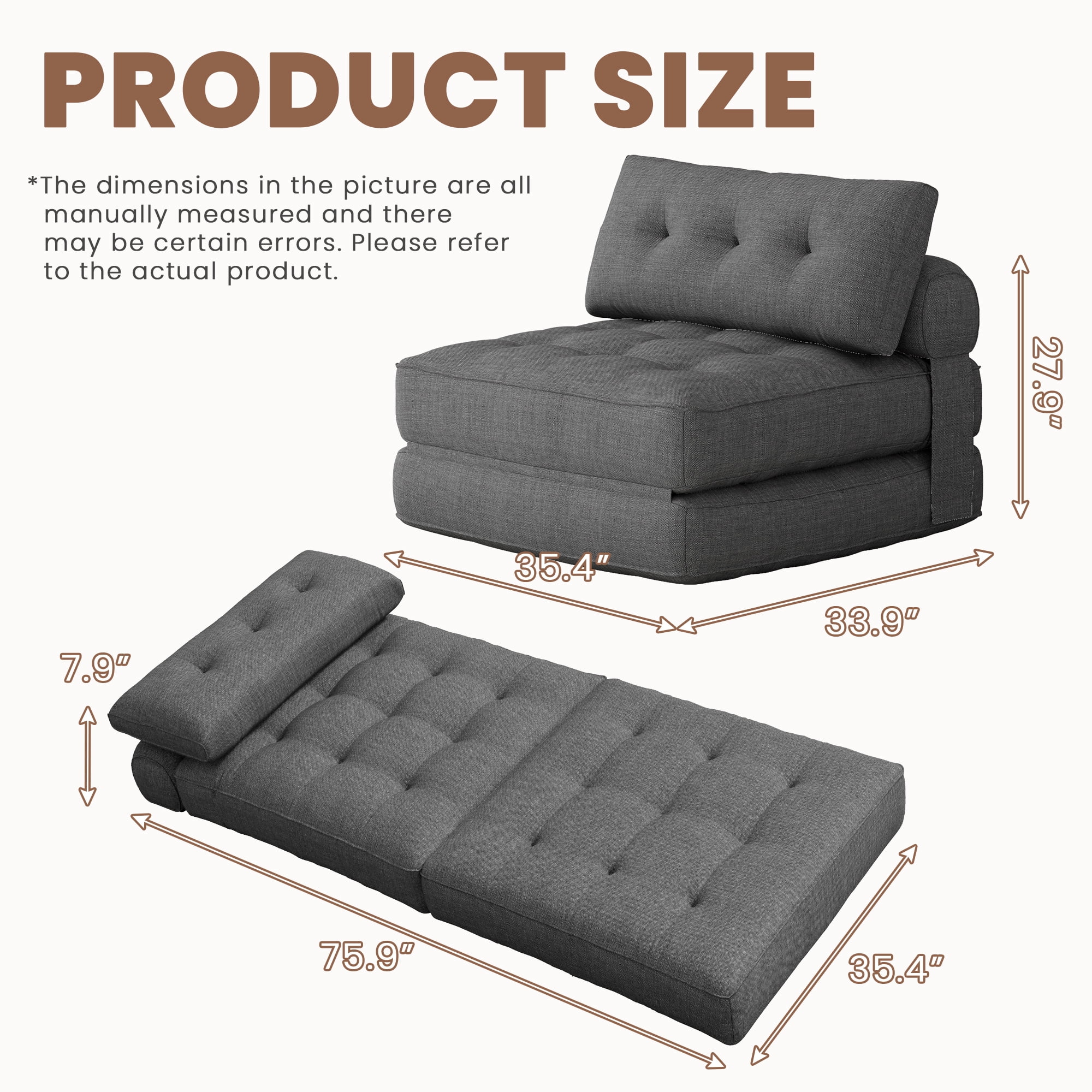 SERWALL Folding Sofa Chair, 4-in-1 Convertible Sofa Bed, Foldable Sofa Chair for Bedroom, Grey