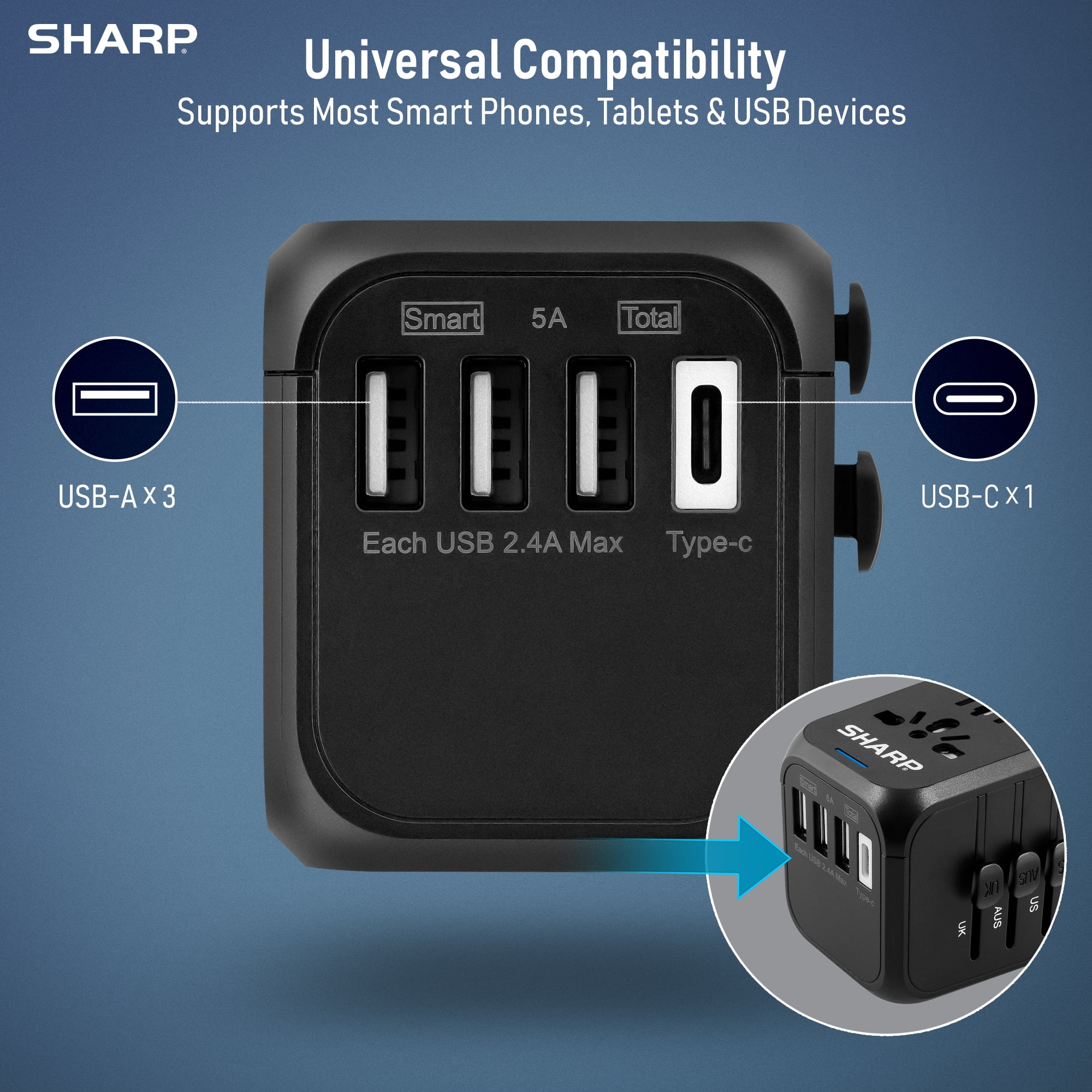 SHARP Travel Plug Adapter with Short-Circuit Protection