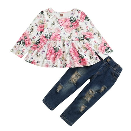 

Kucnuzki 3T Toddler Girl Fall-Winter Outfits Pants Sets 4T Long Sleeve Floral Prints Ruffled Layer Tops Elastic Denim Pants 2PCS Set Pink