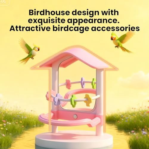 8.1 Inch Pet Bird Mirror with Perch Stand and Parakeet Chew Toys,Parrot Toys Bird Cage Decorative Accessory, Helps Birds Release Stress for Canaries Budgies Lovebirds Conures Cockatiels (Pink)