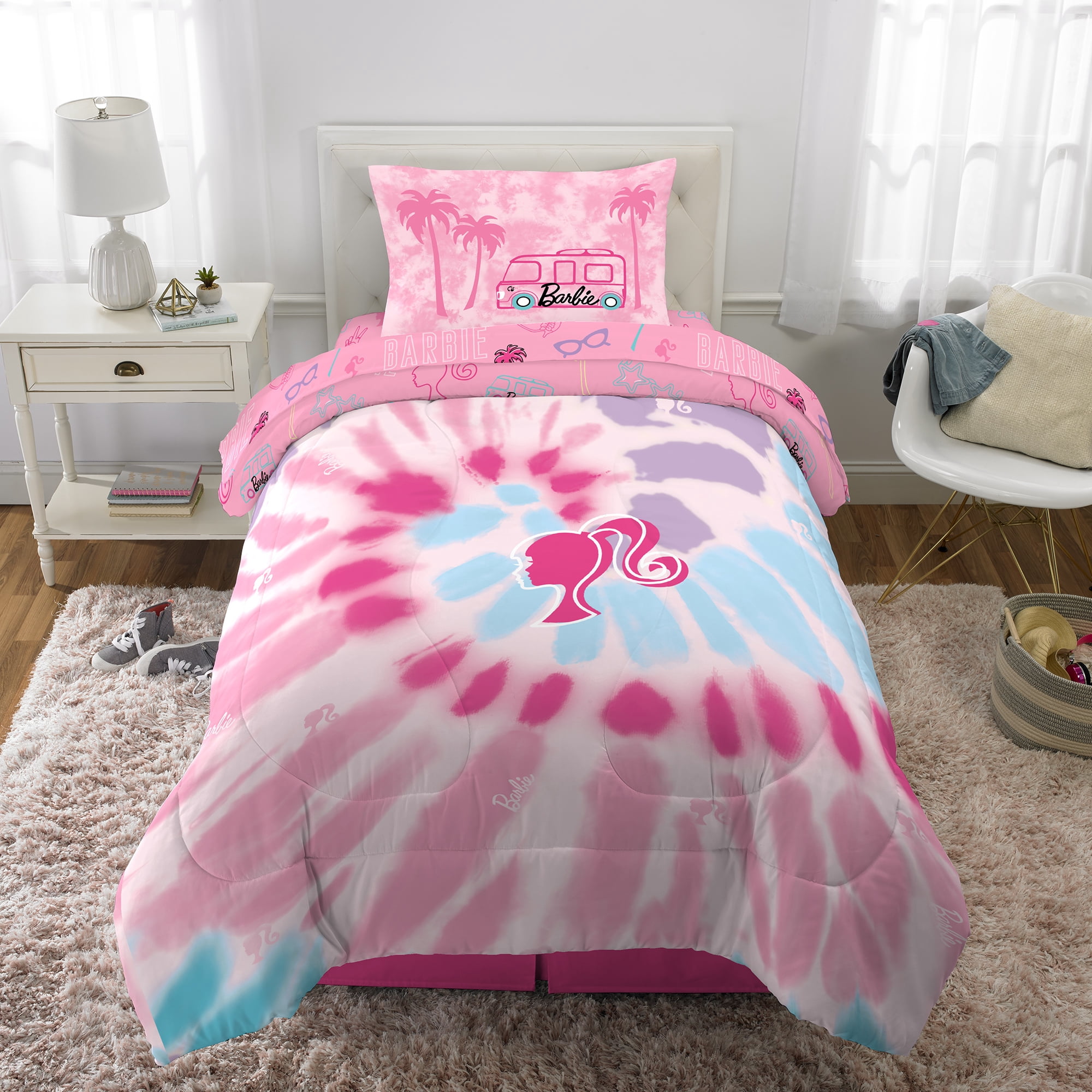 Barbie Kids 4 Piece Pink Tie Dye Reversible Comforter, Bed in a Bag, Twin