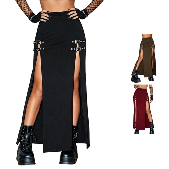 Jane Wardrobe High Waist Dual Side Buckle Slit Maxi Skirt Women Twill Gothic Punk Cosplay Party Long Skirt 1PC S-XXL Plus Size Friendly