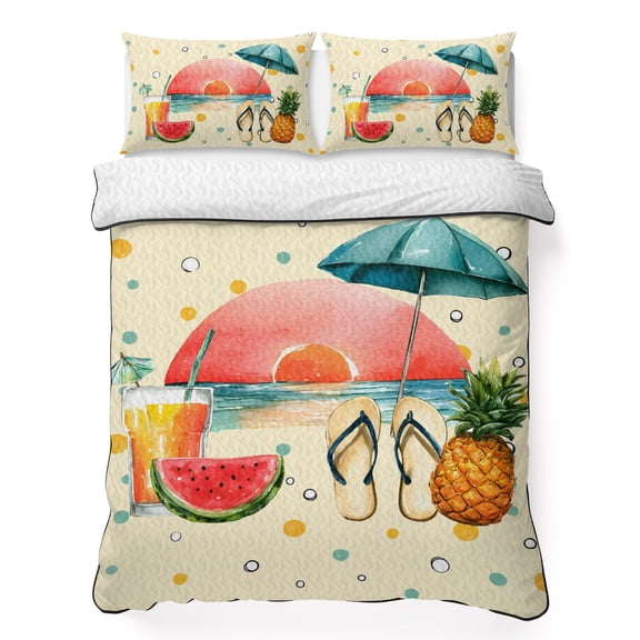 Quilts Twin Size Bedding Set, Summer Beach Party Lightweight Quilted Comforter, Watercolor Polka Dots Fruits Tropical Yellow Soft Bedspread Coverlet with Pillow Covers for All Season, 68" x 86"