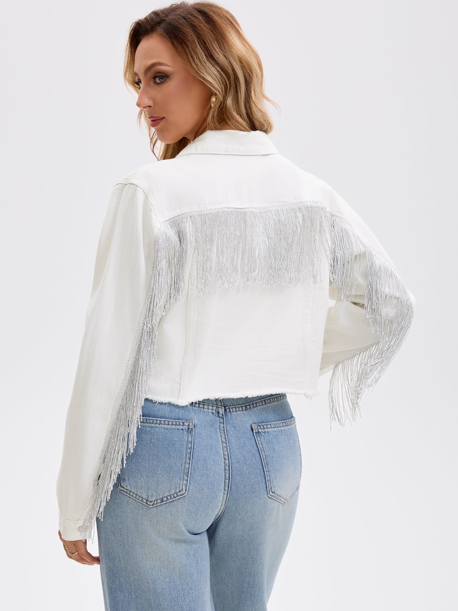 DARING DIVA Women's Cropped Jean Long Sleeve Frayed Tassel Fringe Denim Jacket L White