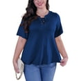 thumbnail image 2 of Sewify 2025 Summer Women's Plus Size Tops Short Sleeve Eyelet Cross Rope Hollow V-Neck Elegant Blouses,1X/2X/3X/4X, 2 of 7