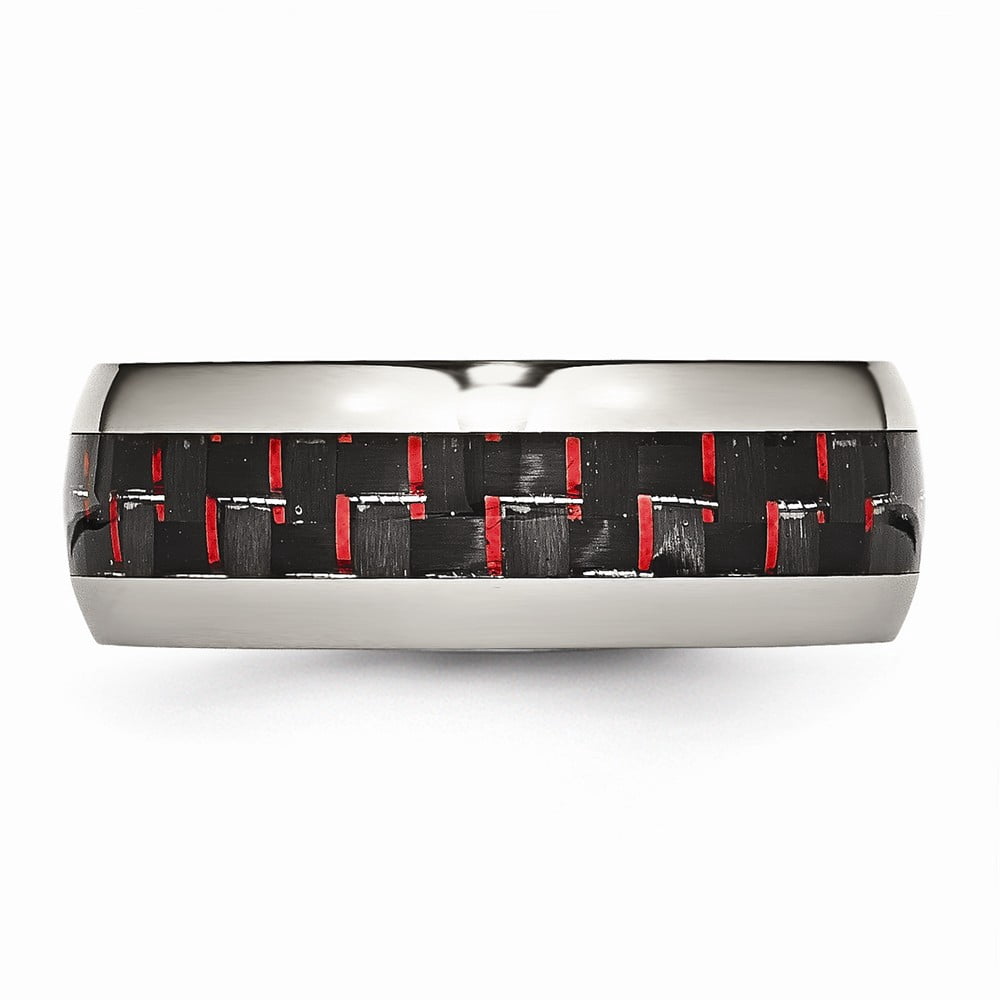 8mm Stainless Steel Polished Black Red Carbon Fiber Inlay Ring Size 8 Ring for Women