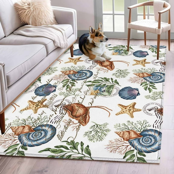 Coastal Tropical Area Rug 4x6 Washable Rug Non Slip Palm Leaves Starfish Coral Large Area Rug Indoor Floor Carpet for Entryway Bedroom Kitchen Living Room Home Office Dining Room Nursery