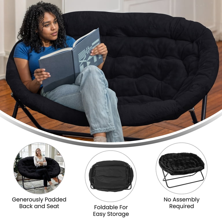 Emma + Oliver Folding Double Saucer Chair in Black Faux Fur with a