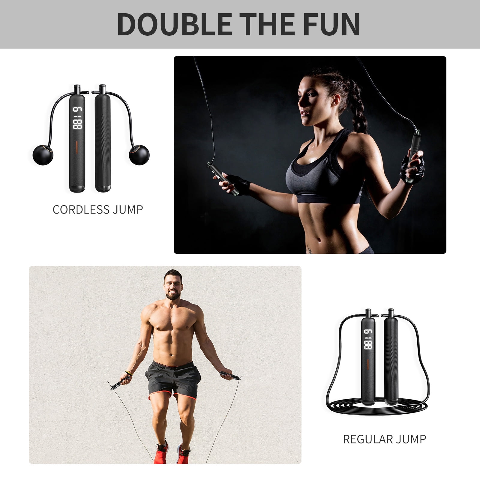 Cordless Jump Rope with Counter, 2 In 1 Weighted Ropeless Skipping Rope for Kids Women Men, Adjustable Digital Smart Jump Ropes for Fitness Workout Boxing Speed Training Crossfit Home Gym, Gray