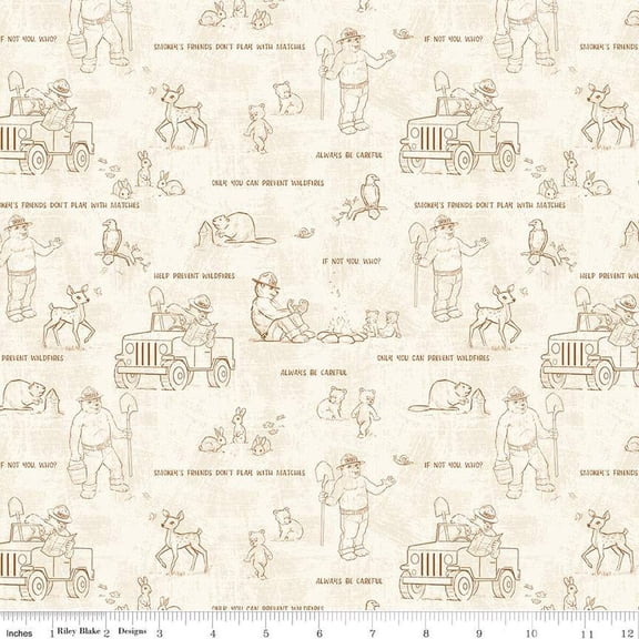 Friends of Smokey Bear Outlines Cream Cotton Fabric (1 Yard)