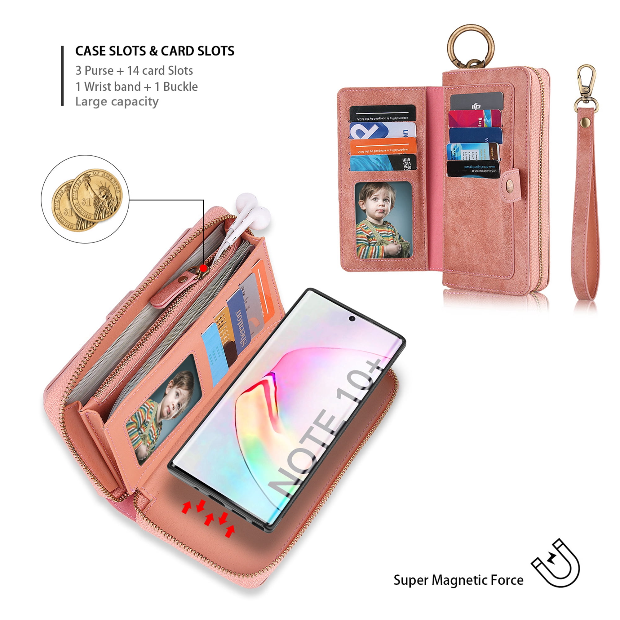 Samsung Galaxy Note 10 Plus Wallet Detachable Case, Dteck Zipper Purse Phone Case Multi-functional Folio Flip Leather Removable Magnetic Back Cover For Samsung Galaxy Note10+, Pink