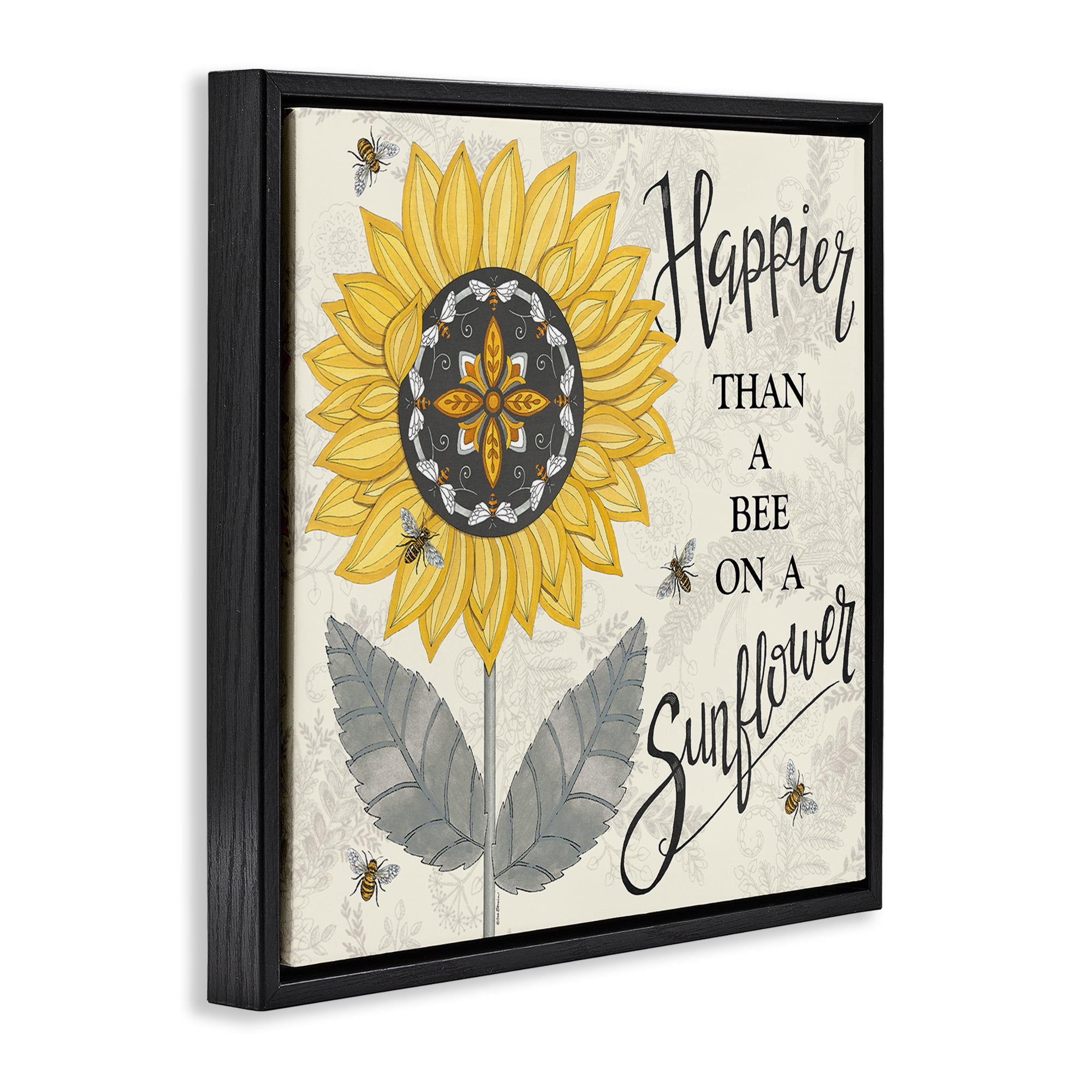 Stupell Industries Happier Than Bee & Sunflower Plants & Flowers Painting Black Floater Framed Canvas Art Print Wall Art, 18 x 18