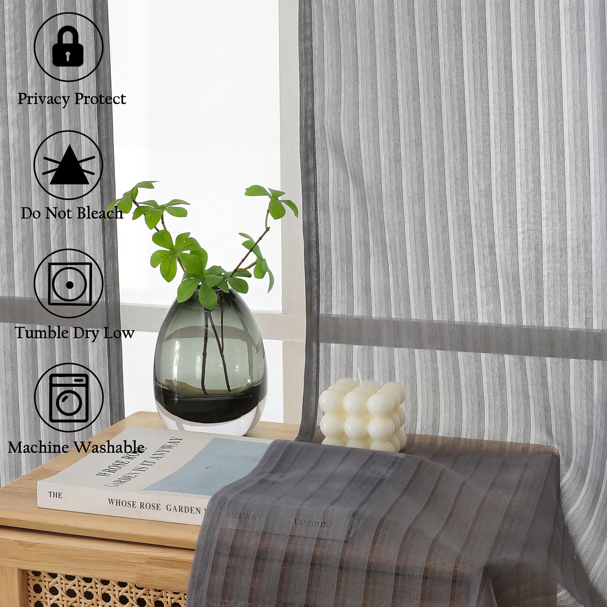 OVZME Luna 108" Charcoal Striped Sheer Curtains 2 Panels - Extra Long Floor Length Drapes for High Ceilings Living Room Patio Doors, Light Filtering Modern Textured, 52"W x 108"L Each