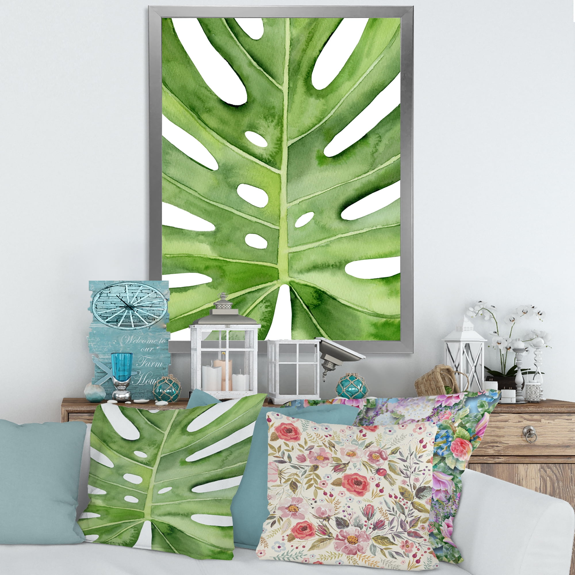 Designart 'Close Up Green Monstera Leaf Tropical Palm' Tropical Framed Art Print