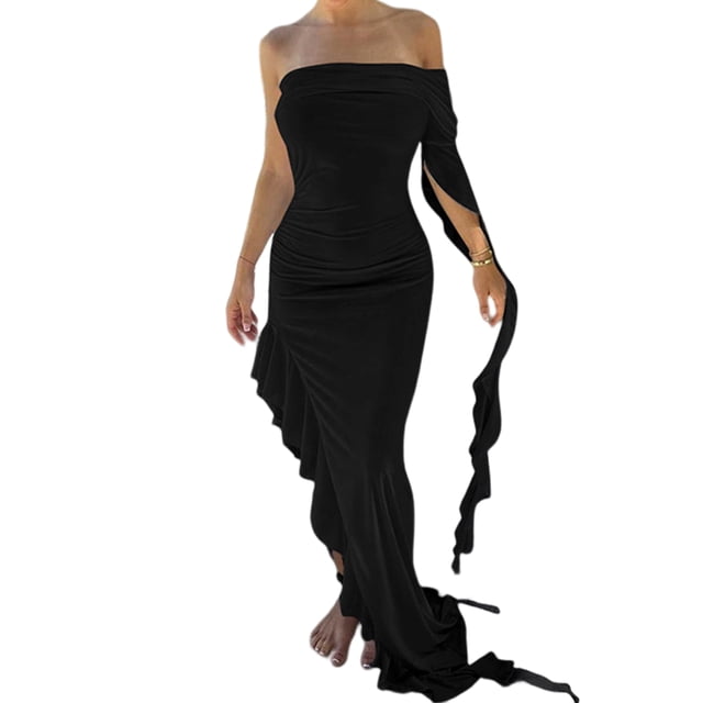 Vestido Túnica Vestido de túnica para mujer Ropa de club de fiesta con orillo fibroso asimétrico (Negro M) Ygjytge para Mujer Negro T S