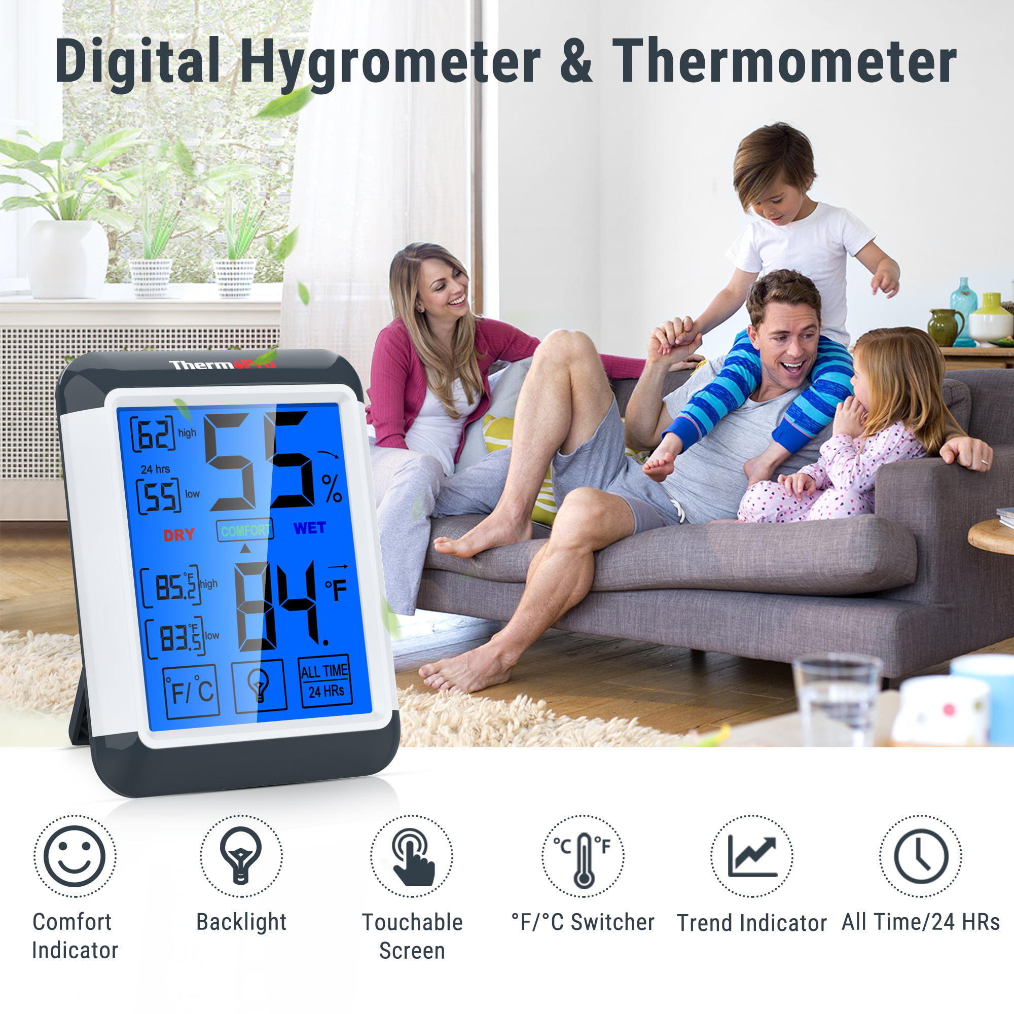 ThermoPro TP55 digital termohygrometer inomhustermometer, hygrometer,  temperatur- och fuktighetsmätare med indikator, set om 2 för