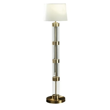 Benjara Kria 60 Inch Floor Lamp, Clear Glass Stand, Metal Bands, Antique Brass